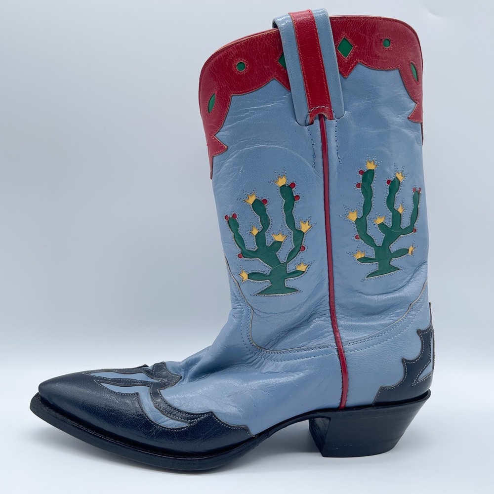 RELISTED Larry Mahan Prickly Pear Cactus Western Cowgirl Boots Blue Red Rodeo 7 - Picture 6 of 16